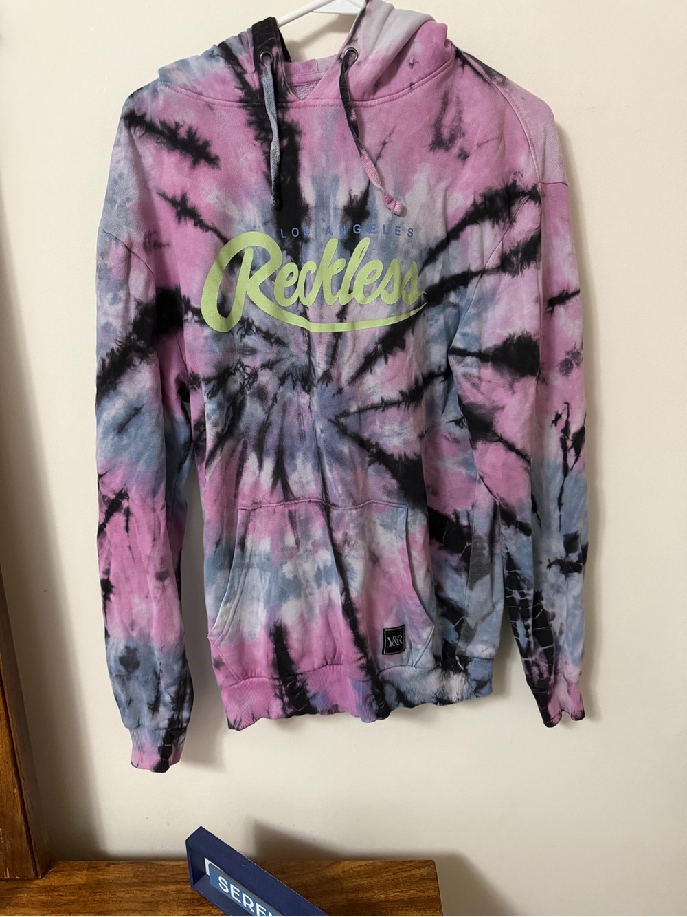 Young & Reckless Tie-Dye Hoodie in Pink, Blue & Black with Neon Logo